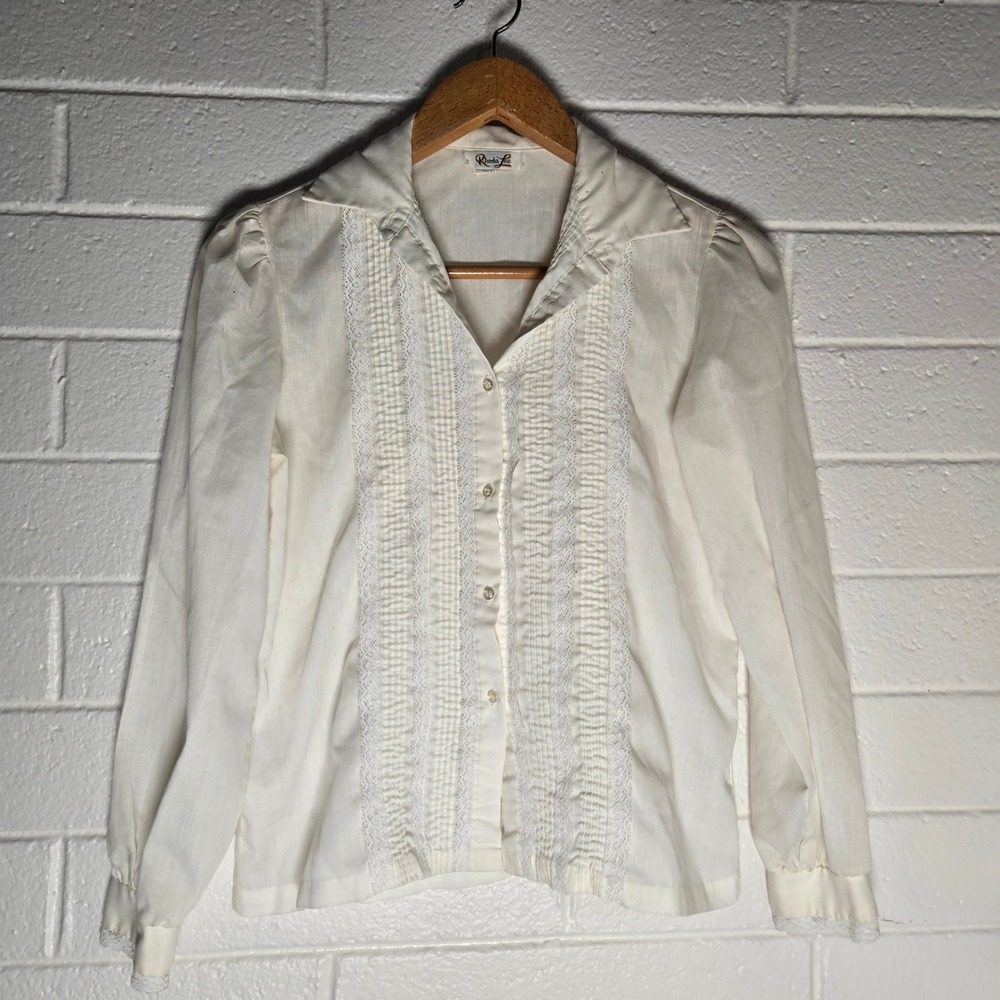 Vtg Rhoda Lee White Lace Pintuck Blouse 10‎ Pirate Angel Regency Button Granny